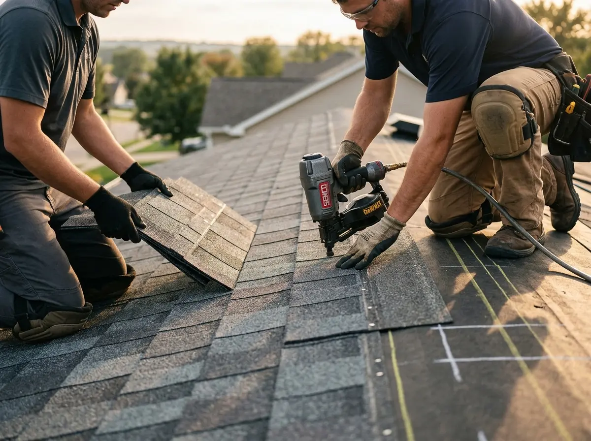 Professional roofer working on a residential roof in Barnesville